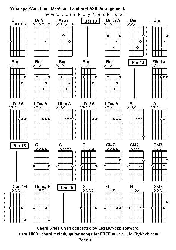 Chord Grids Chart of chord melody fingerstyle guitar song-Whataya Want From Me-Adam Lambert-BASIC Arrangement,generated by LickByNeck software.